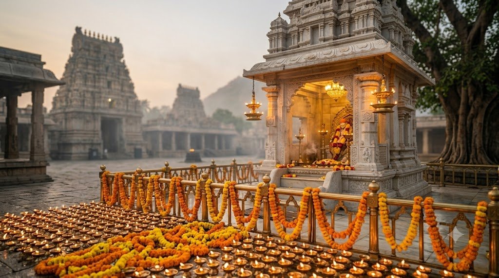 Book Shirdi aarti online — lamps and marigolds at the Sai Baba Samadhi Mandir at dawn