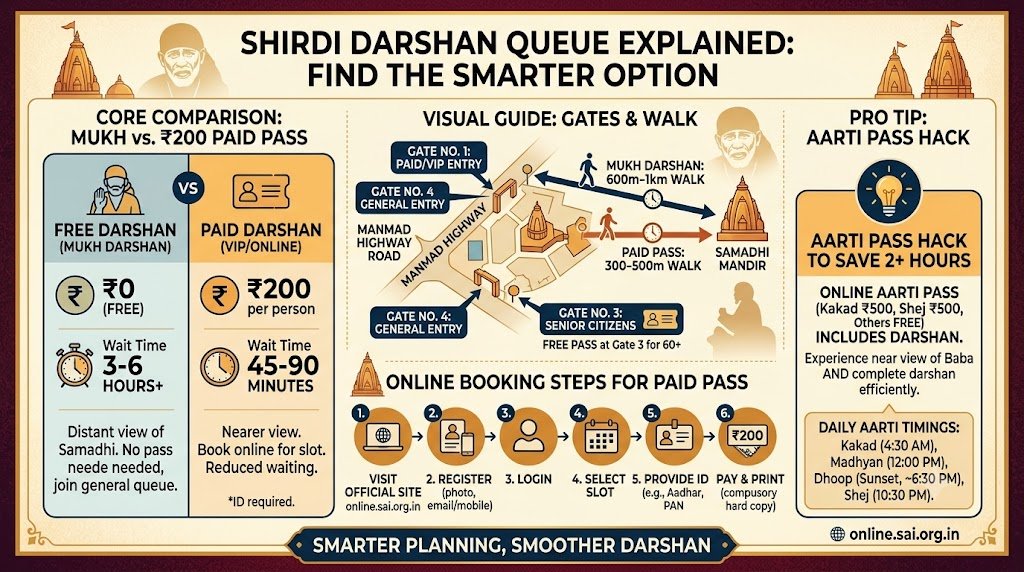 Shirdi Darshan Queue: Complete Mukh Darshan vs Pass Guide
