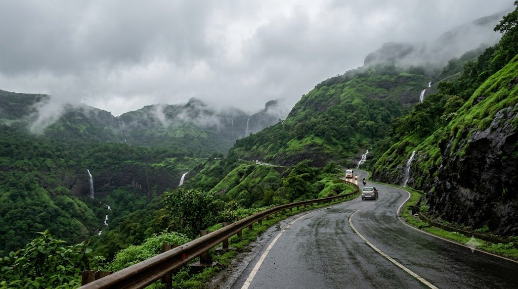 Shirdi monsoon yatra route — misty green Sahyadri ghat highway in the rains