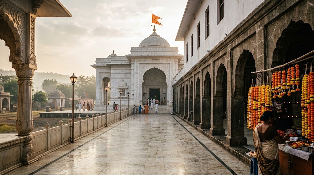 Shirdi Samadhi Mandir approach at dawn with barefoot pilgrims walking the marble colonnade to the shrine