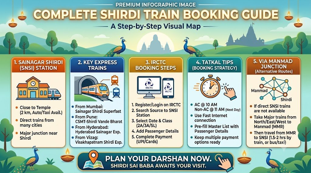 Shirdi train booking guide: express train at Sainagar Shirdi SNSI railway station platform with pilgrims