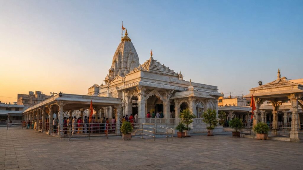 Shirdi VIP darshan queue outside the white-marble Samadhi Mandir at dawn
