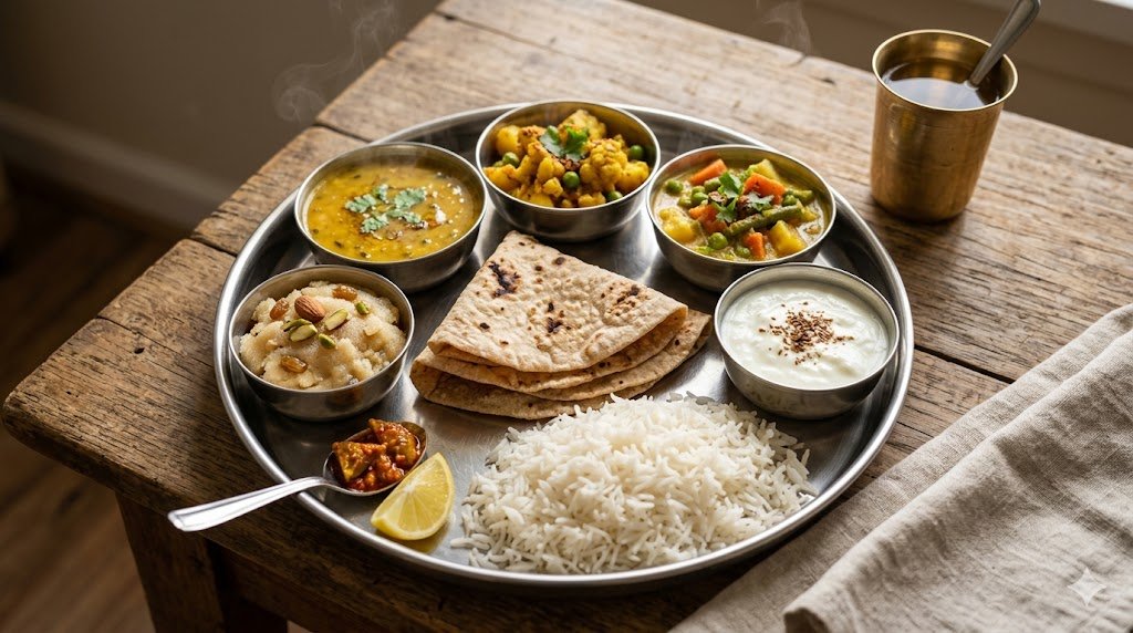 Veg food in Shirdi shown as a vegetarian thali with chapati, rice, dal, sabji and sweet