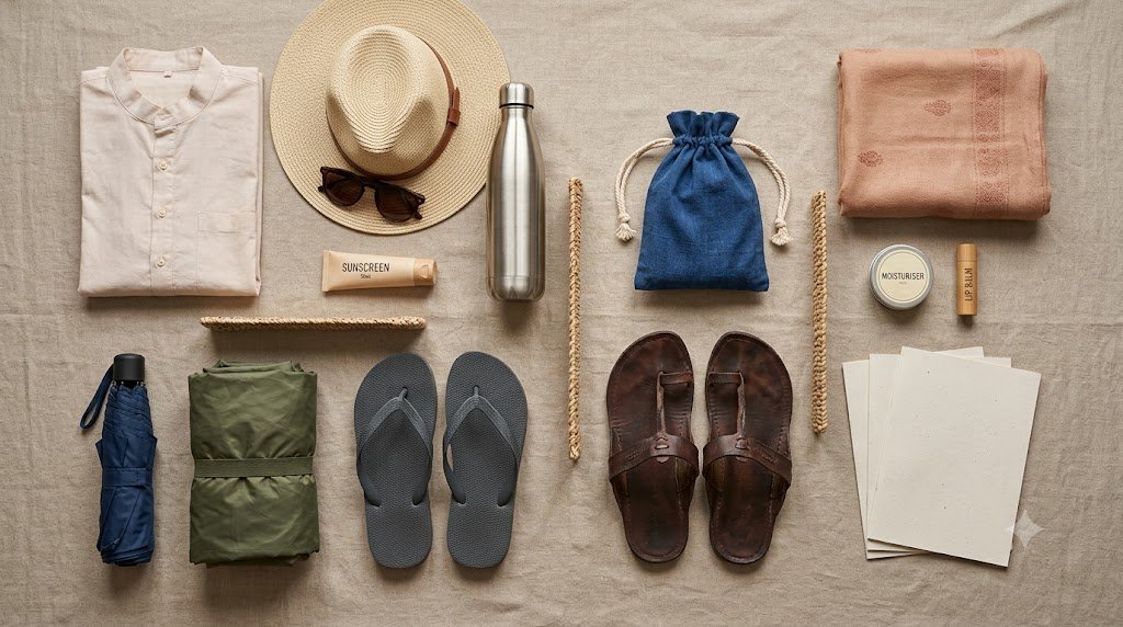 Shirdi packing checklist flat-lay with cotton clothes, umbrella, shawl, chappals and ID pouch