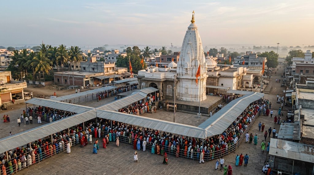 Shirdi Thursday crowd of pilgrims queuing outside the white Samadhi Mandir temple