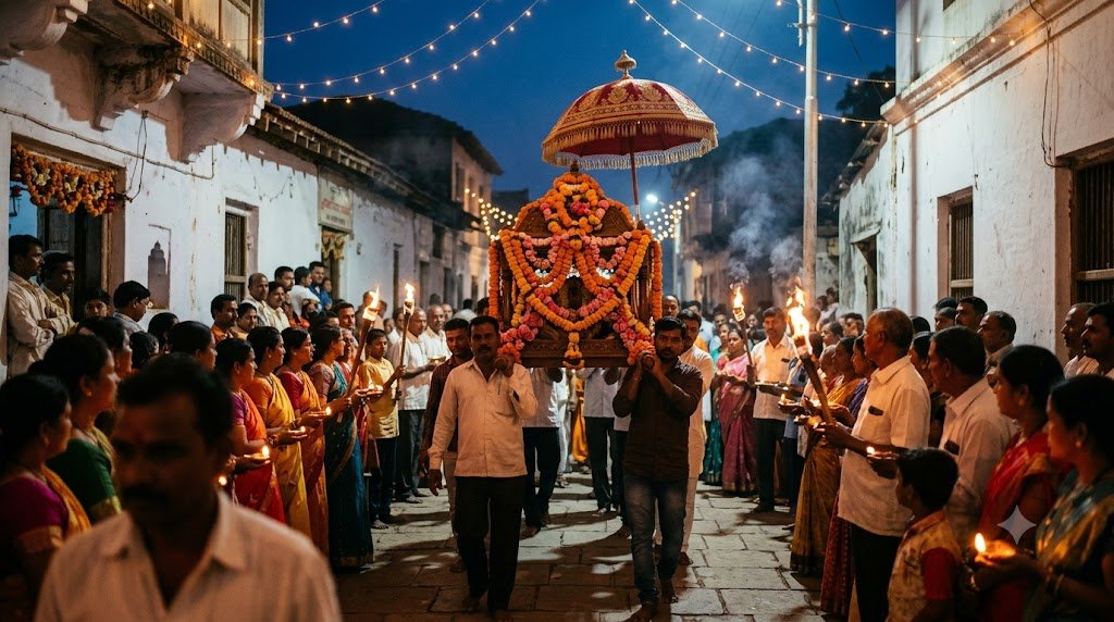 Devotees line a lamplit lane as the Chavadi procession Shirdi palki passes on a Thursday night