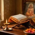Sai Satcharitra Parayan setup: open holy book on a stand with a lit brass lamp and marigold flowers