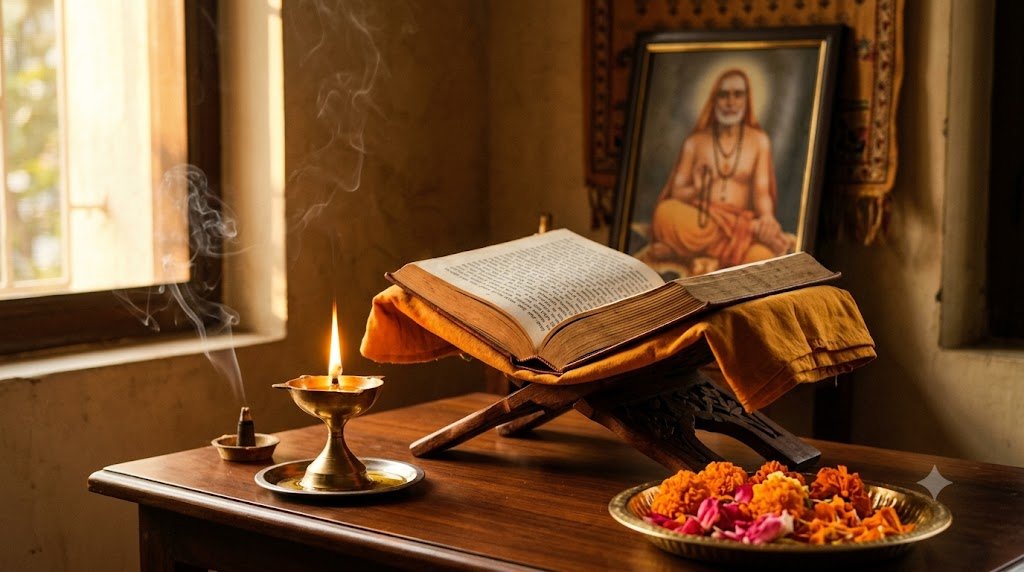 Sai Satcharitra Parayan setup: open holy book on a stand with a lit brass lamp and marigold flowers