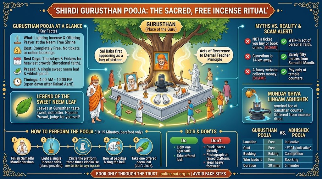 Shirdi Gurusthan Pooja — incense burning at the neem-tree marble platform shrine