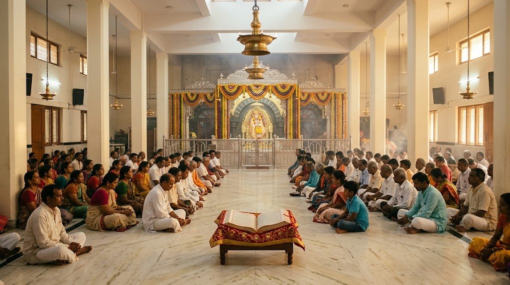Shirdi Pothi reading: devotees seated before the Samadhi Mandir sanctum during afternoon parayan
