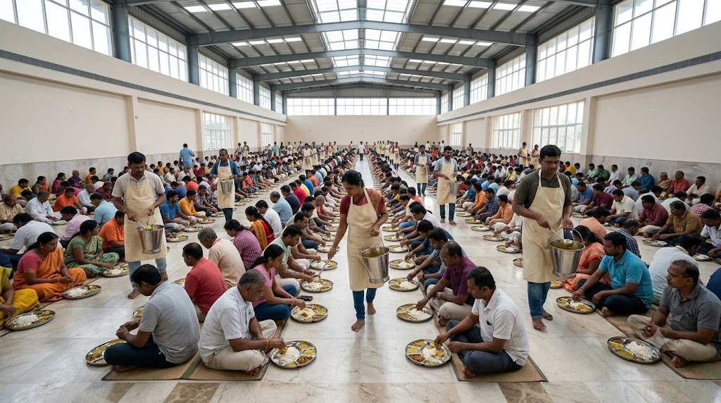 Shirdi Prasadalaya Annadanam free meal hall with devotees dining on prasad thali
