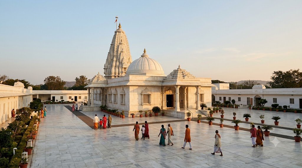 Shirdi with kids — families near the white-domed Sai Baba Samadhi Mandir at dawn