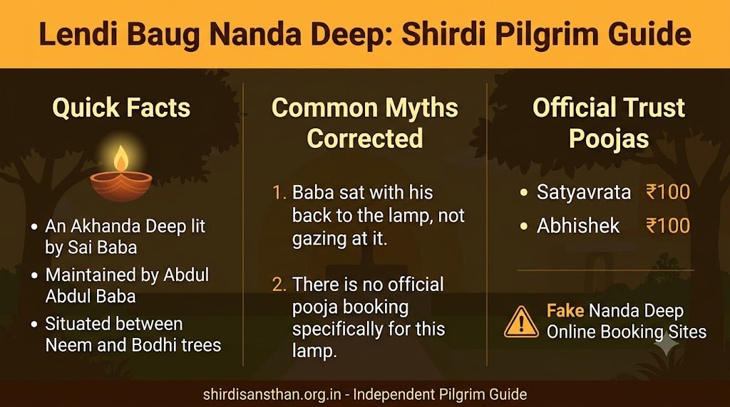 Infographic guide for the Lendi Baug Nanda Deep in Shirdi, detailing that Sai Baba lit the eternal lamp, it sits between a Neem and Bodhi tree, and warning pilgrims that there are no official pooja bookings or entry fees for this site.